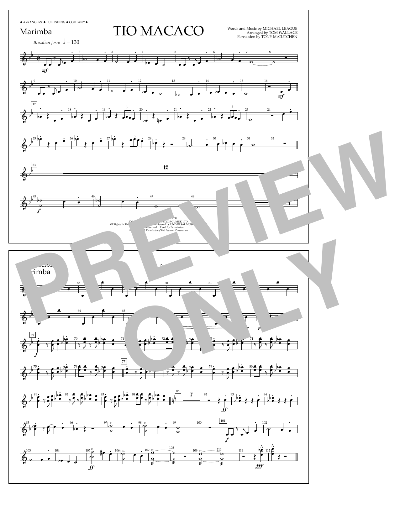 Tom Wallace Tio Macaco - Marimba sheet music notes and chords arranged for Marching Band