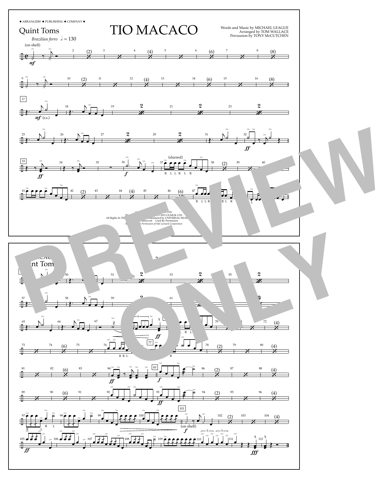 Tom Wallace Tio Macaco - Quint-Toms sheet music notes and chords arranged for Marching Band