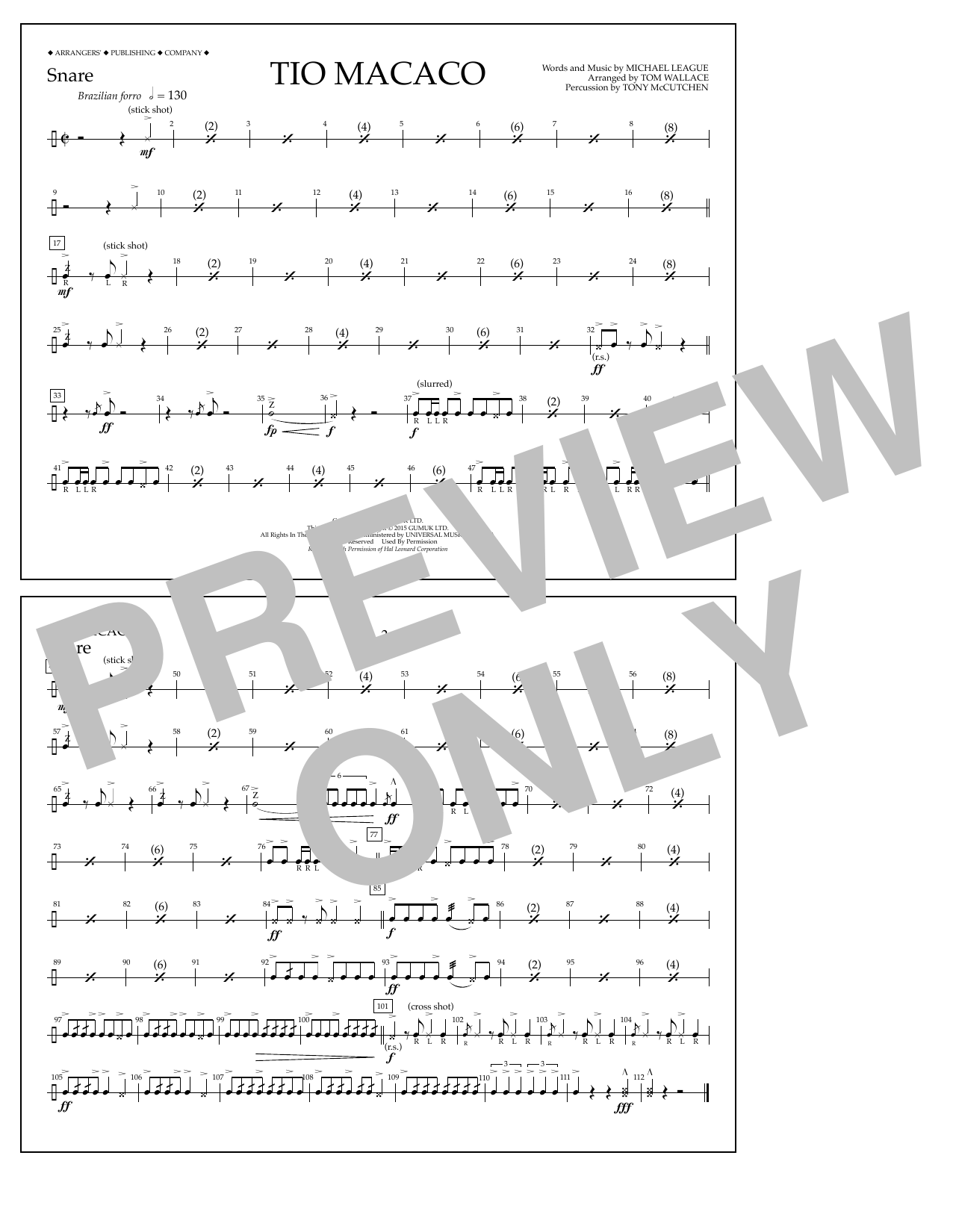 Tom Wallace Tio Macaco - Snare sheet music notes and chords arranged for Marching Band