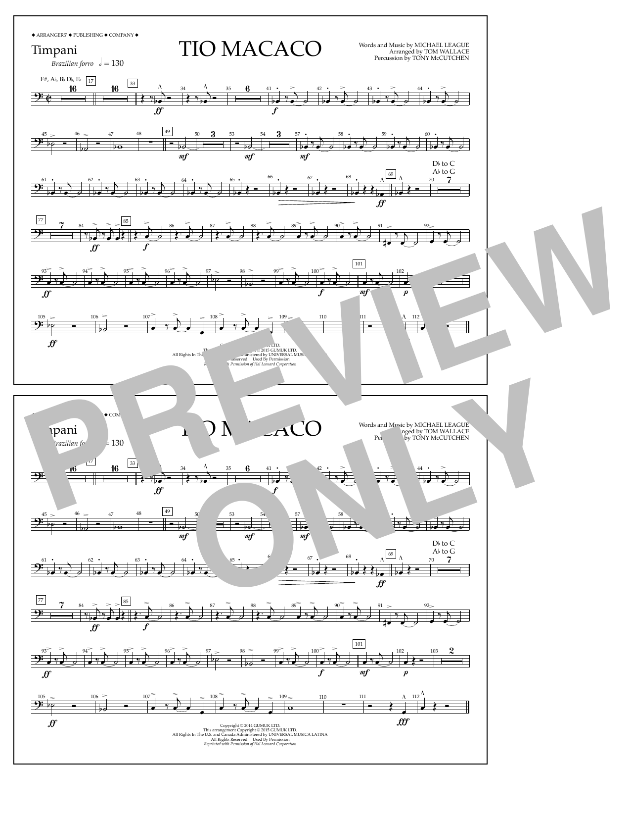 Tom Wallace Tio Macaco - Timpani sheet music notes and chords arranged for Marching Band