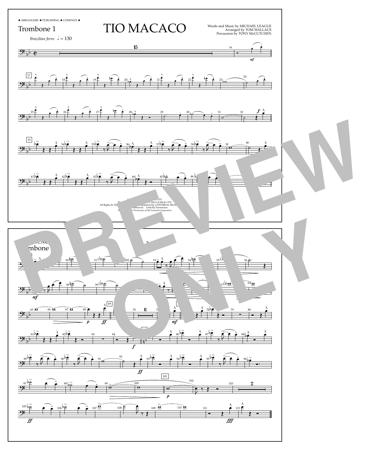 Tom Wallace Tio Macaco - Trombone 1 sheet music notes and chords arranged for Marching Band