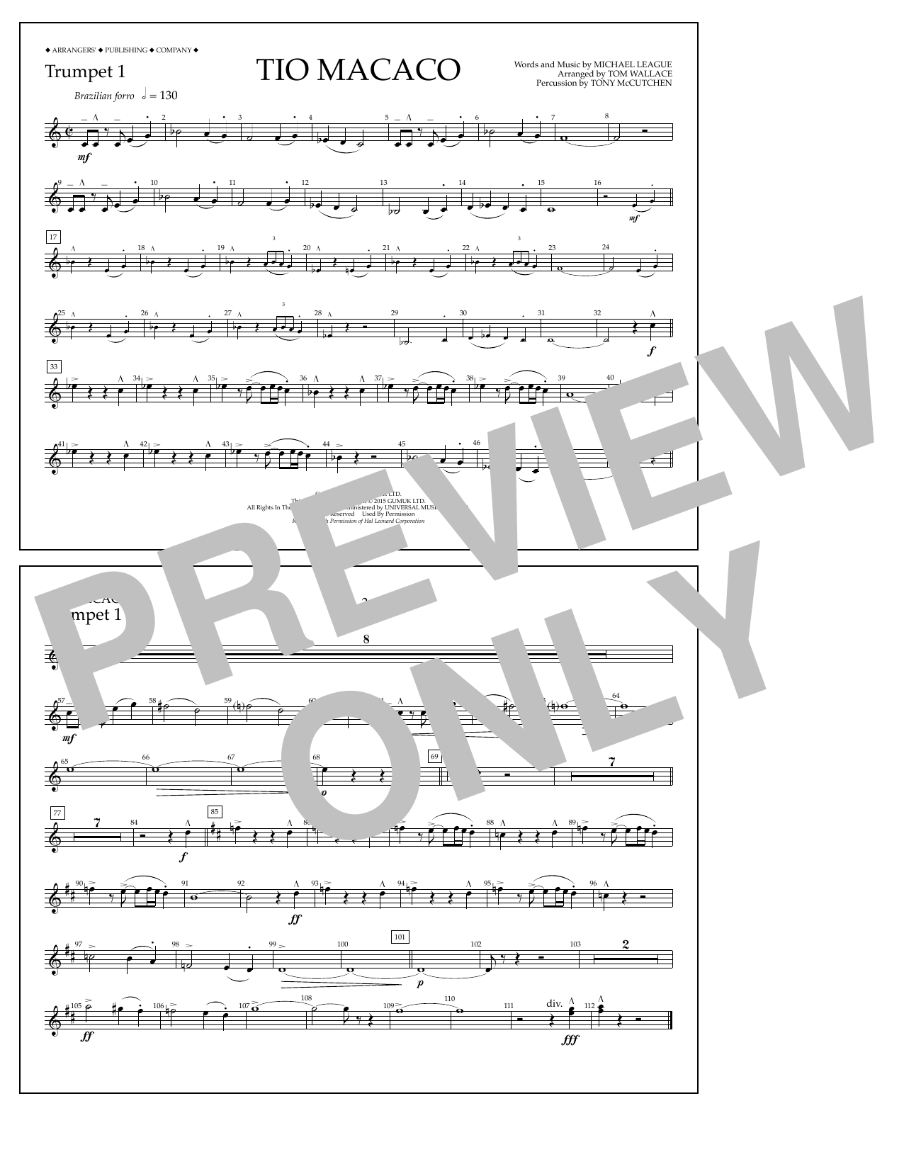 Tom Wallace Tio Macaco - Trumpet 1 sheet music notes and chords arranged for Marching Band
