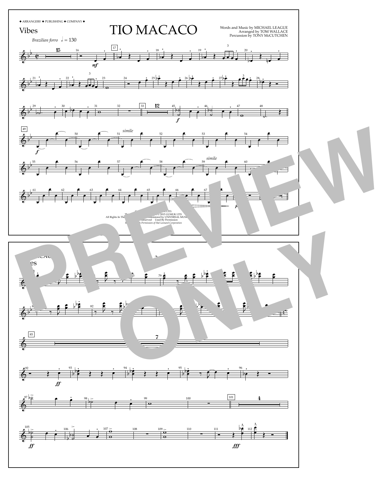 Tom Wallace Tio Macaco - Vibes sheet music notes and chords arranged for Marching Band