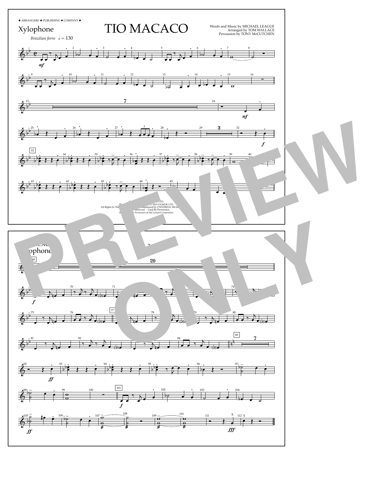 Tom Wallace Tio Macaco - Xylophone sheet music notes and chords arranged for Marching Band