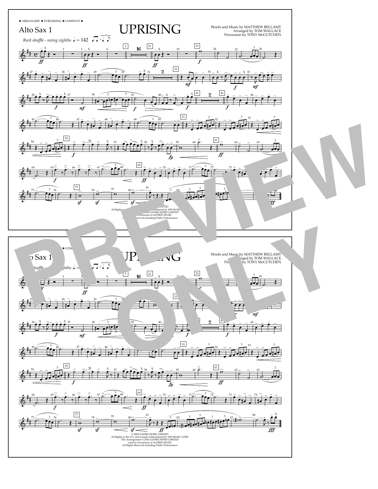 Tom Wallace Uprising - Alto Sax 1 sheet music notes and chords arranged for Marching Band