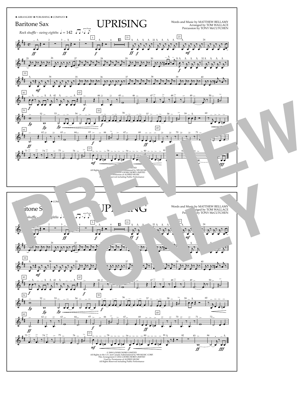 Tom Wallace Uprising - Baritone Sax sheet music notes and chords arranged for Marching Band