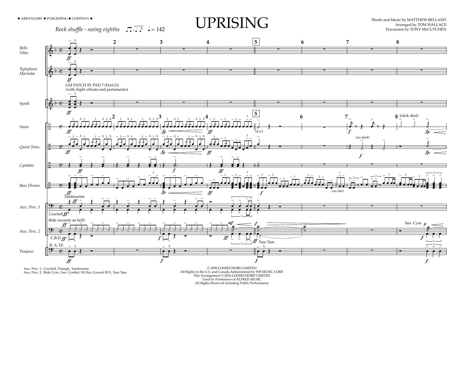 Tom Wallace Uprising - Percussion Score sheet music notes and chords arranged for Marching Band