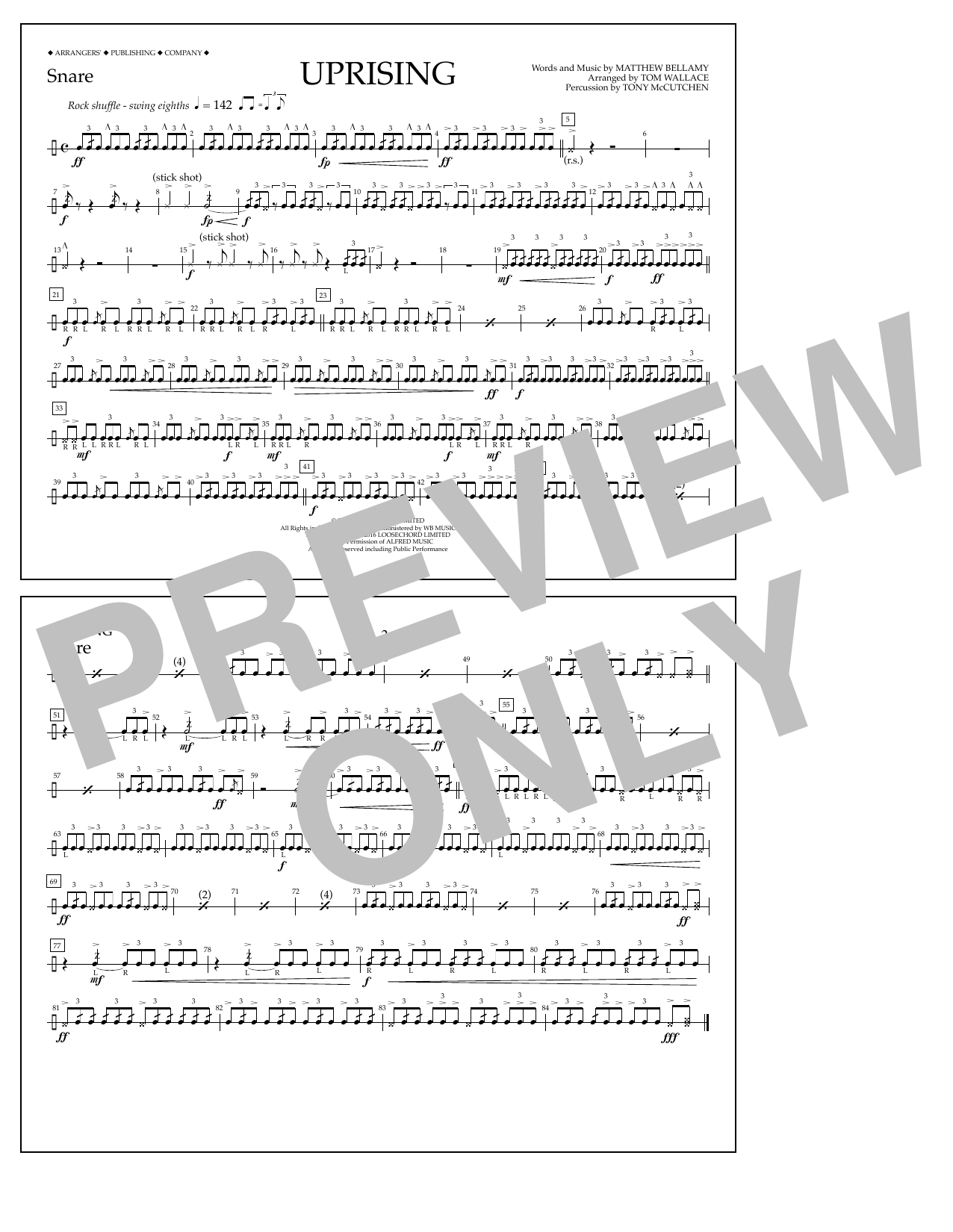 Tom Wallace Uprising - Snare sheet music notes and chords arranged for Marching Band
