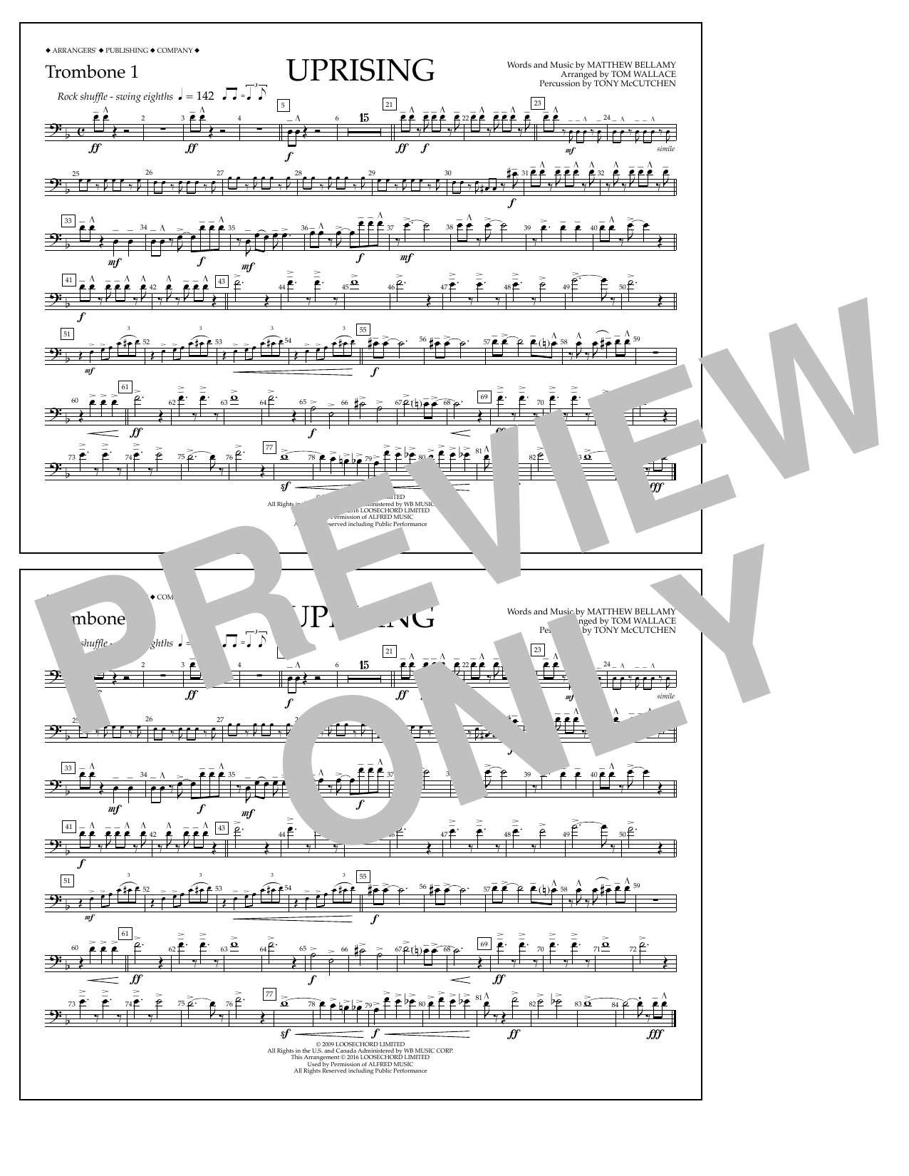Tom Wallace Uprising - Trombone 1 sheet music notes and chords arranged for Marching Band