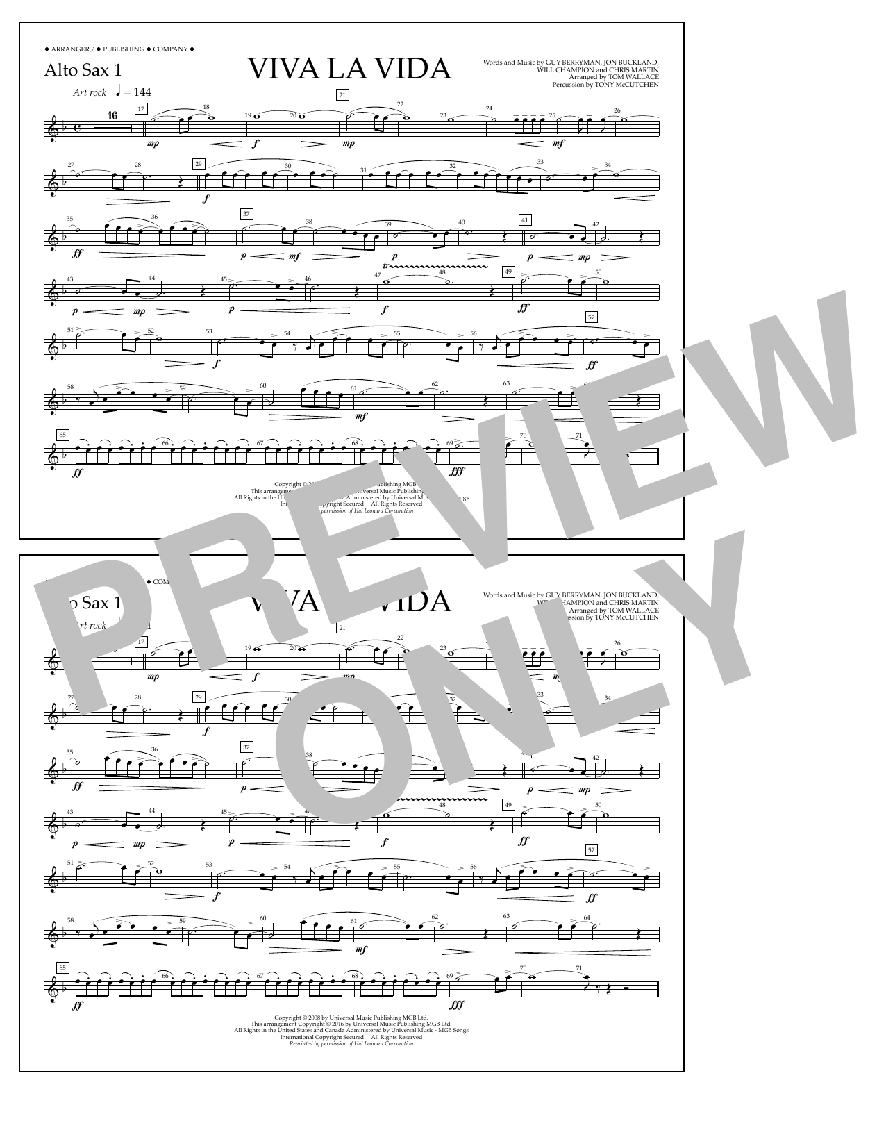 Tom Wallace Viva La Vida - Alto Sax 1 sheet music notes and chords arranged for Marching Band