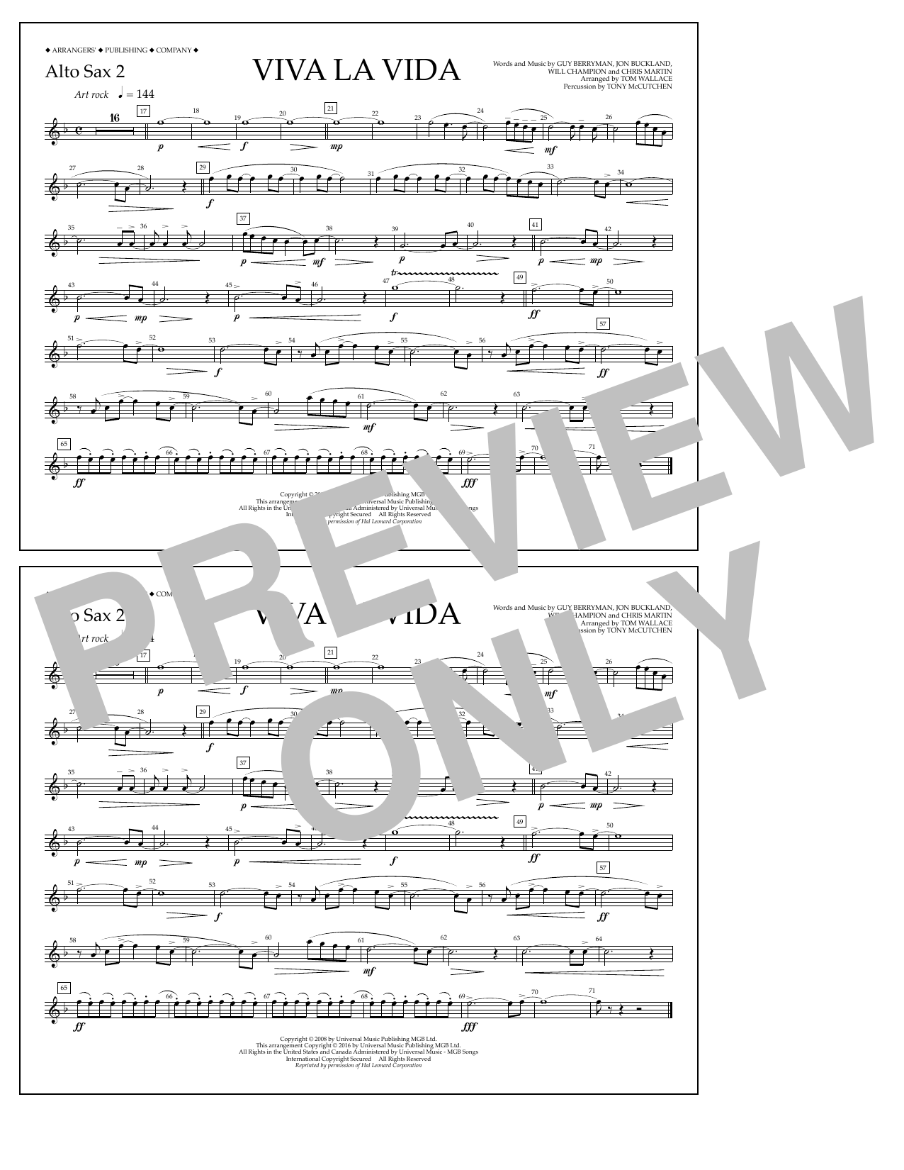 Tom Wallace Viva La Vida - Alto Sax 2 sheet music notes and chords arranged for Marching Band