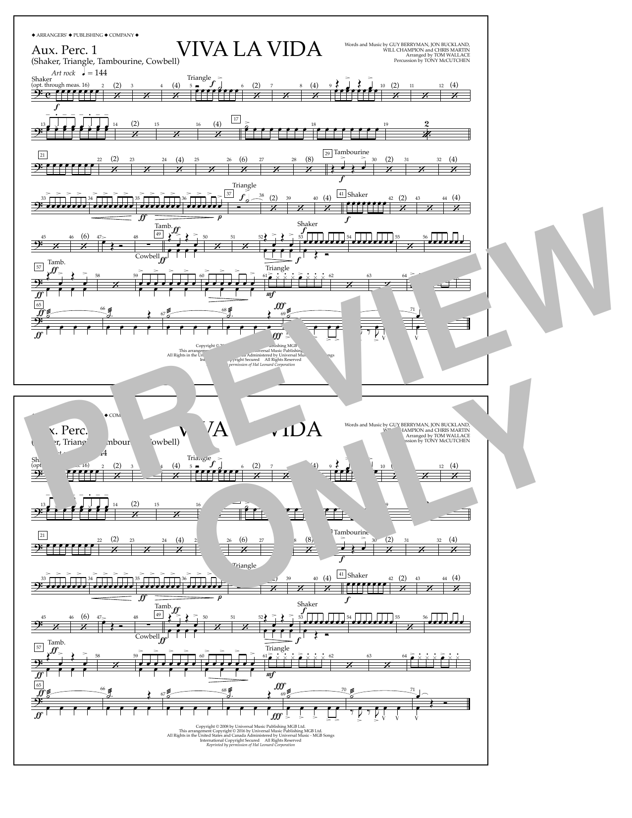 Tom Wallace Viva La Vida - Aux. Perc. 1 sheet music notes and chords arranged for Marching Band