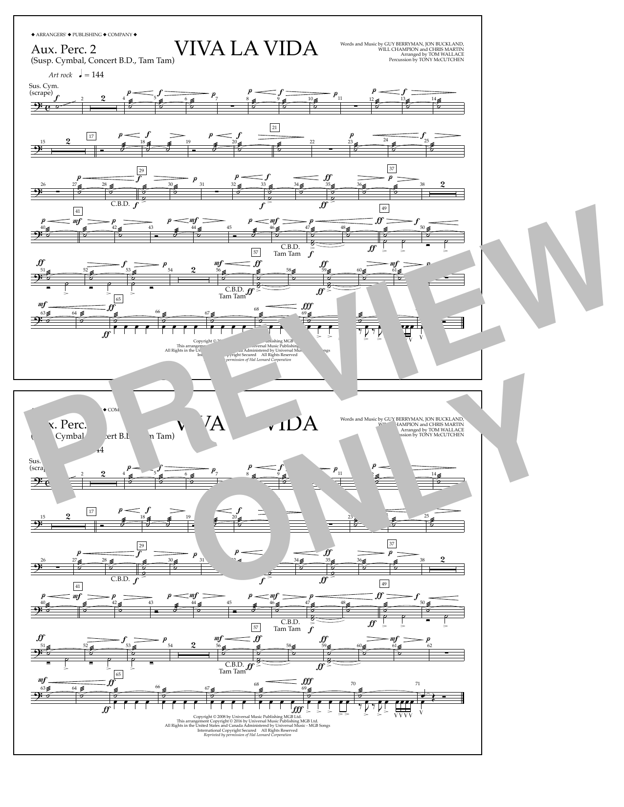 Tom Wallace Viva La Vida - Aux. Perc. 2 sheet music notes and chords arranged for Marching Band