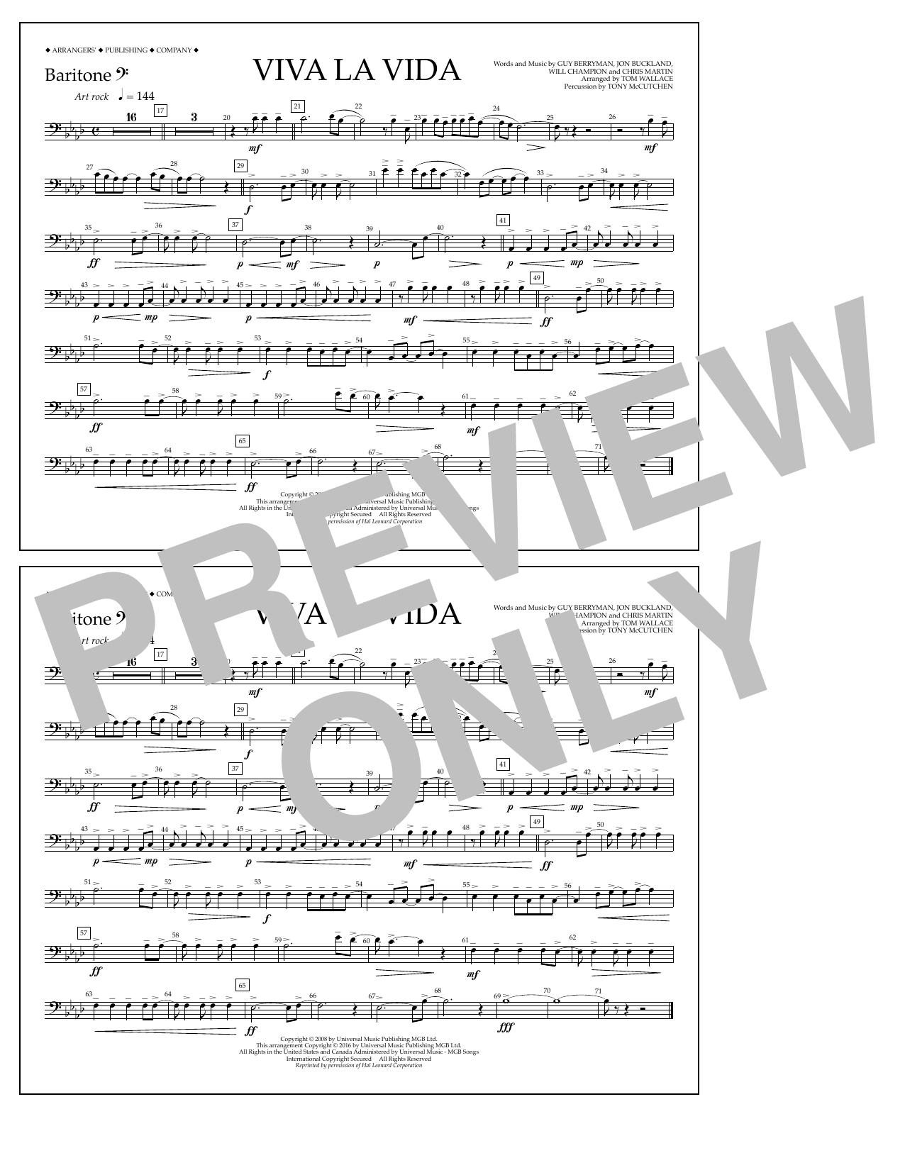 Tom Wallace Viva La Vida - Baritone B.C. sheet music notes and chords arranged for Marching Band