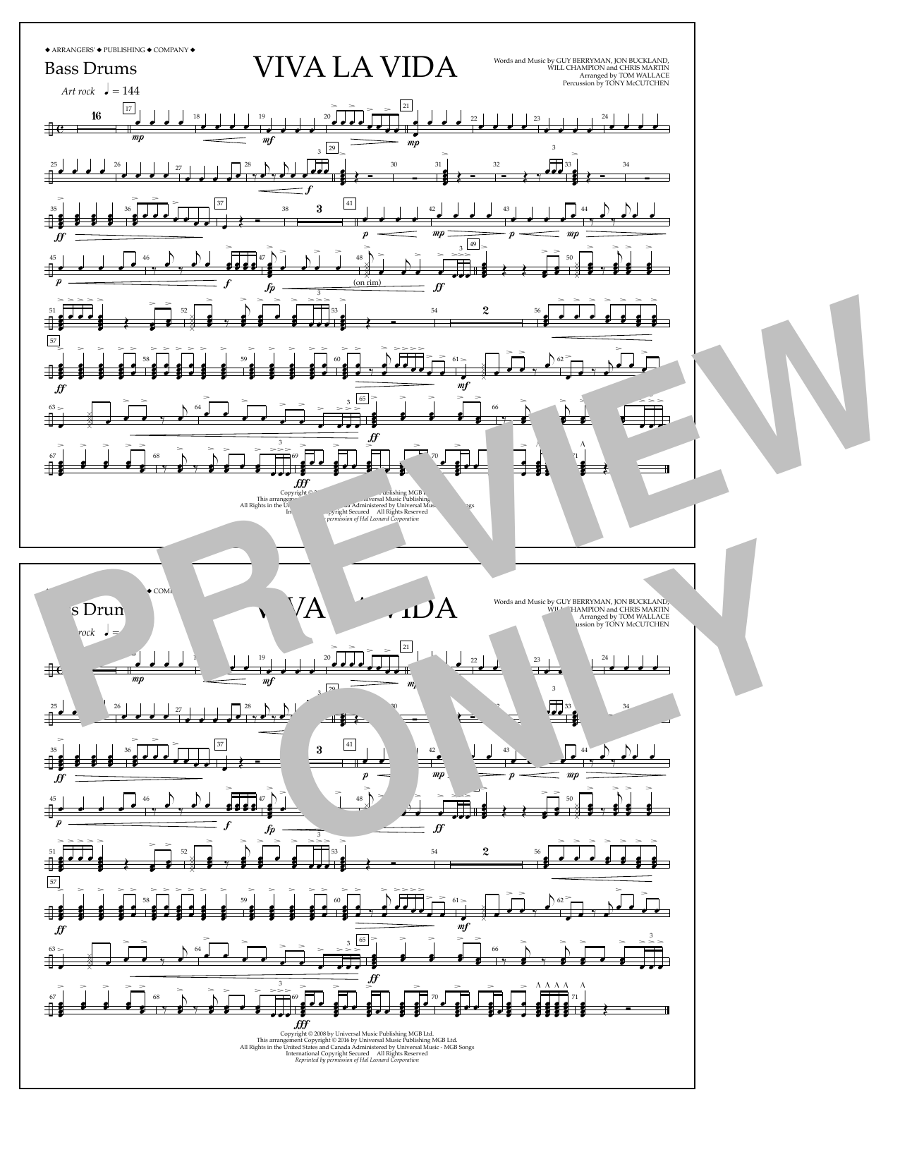 Tom Wallace Viva La Vida - Bass Drums sheet music notes and chords arranged for Marching Band
