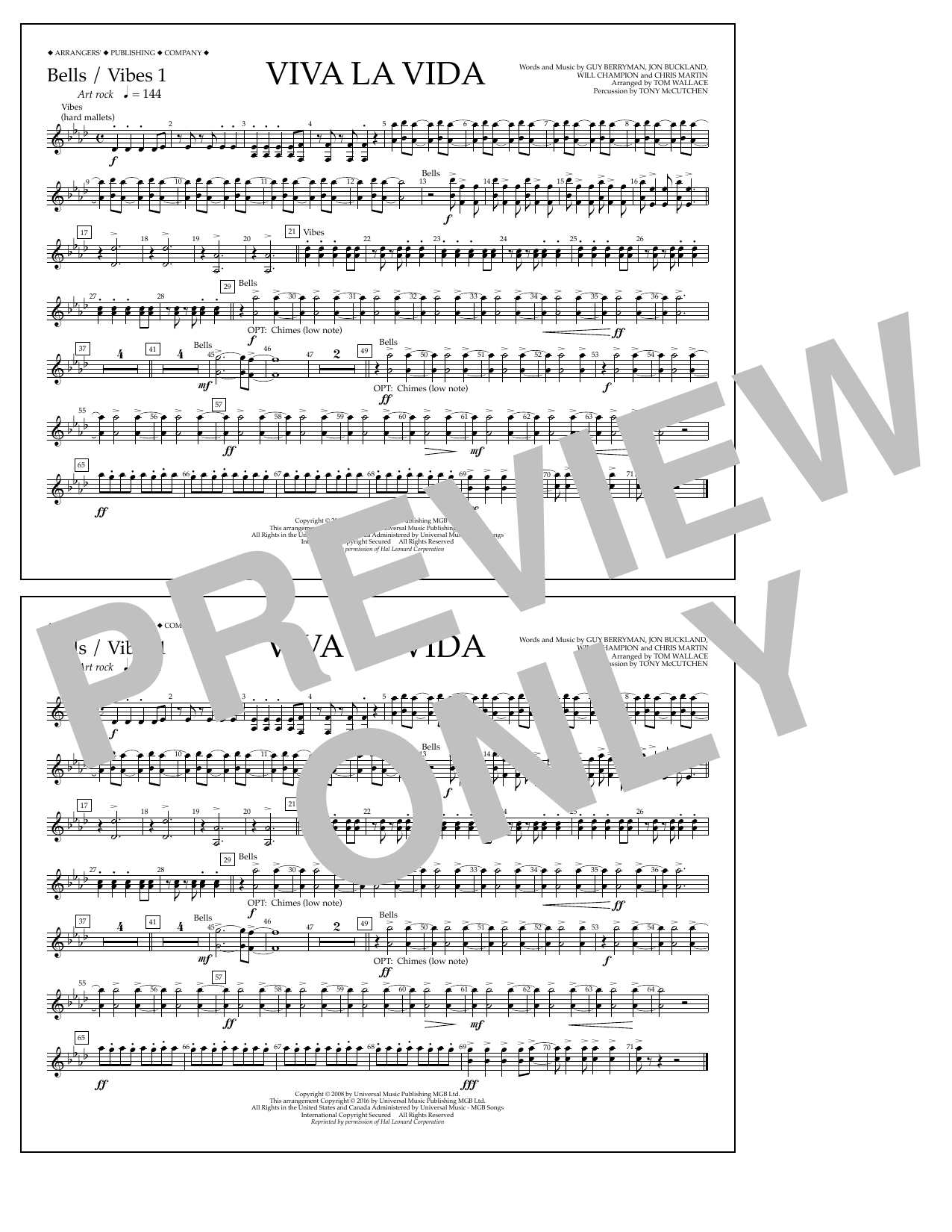 Tom Wallace Viva La Vida - Bells/Vibes 1 sheet music notes and chords arranged for Marching Band