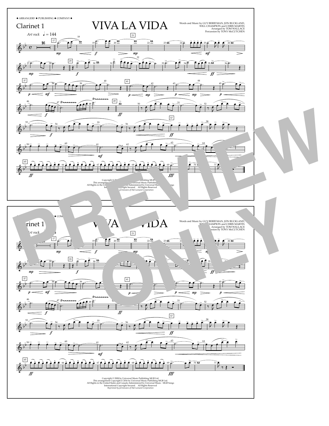 Tom Wallace Viva La Vida - Clarinet 1 sheet music notes and chords arranged for Marching Band