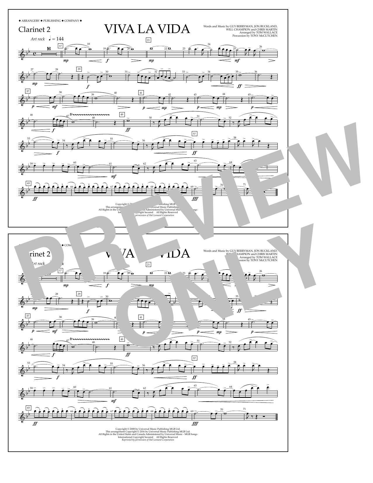 Tom Wallace Viva La Vida - Clarinet 2 sheet music notes and chords arranged for Marching Band
