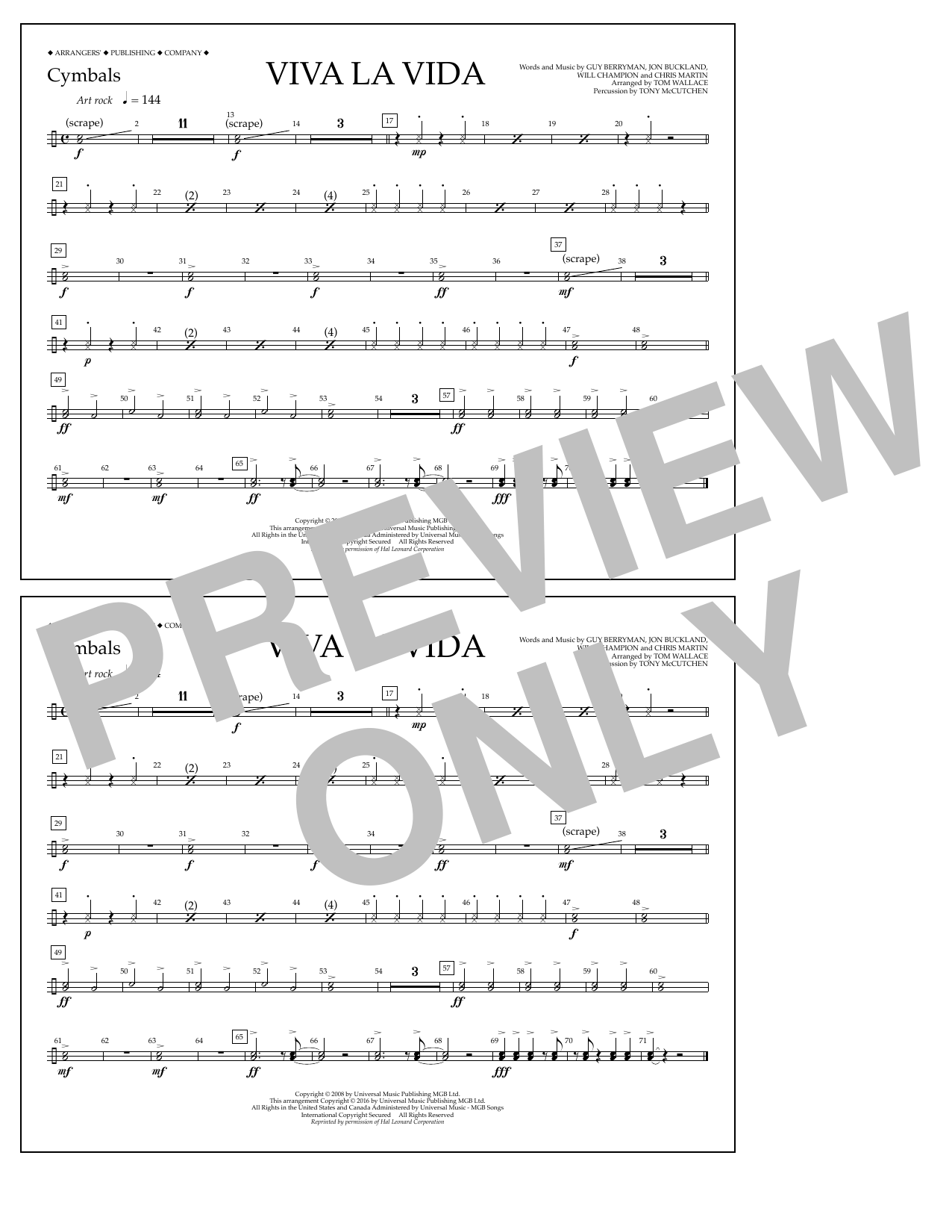 Tom Wallace Viva La Vida - Cymbals sheet music notes and chords arranged for Marching Band