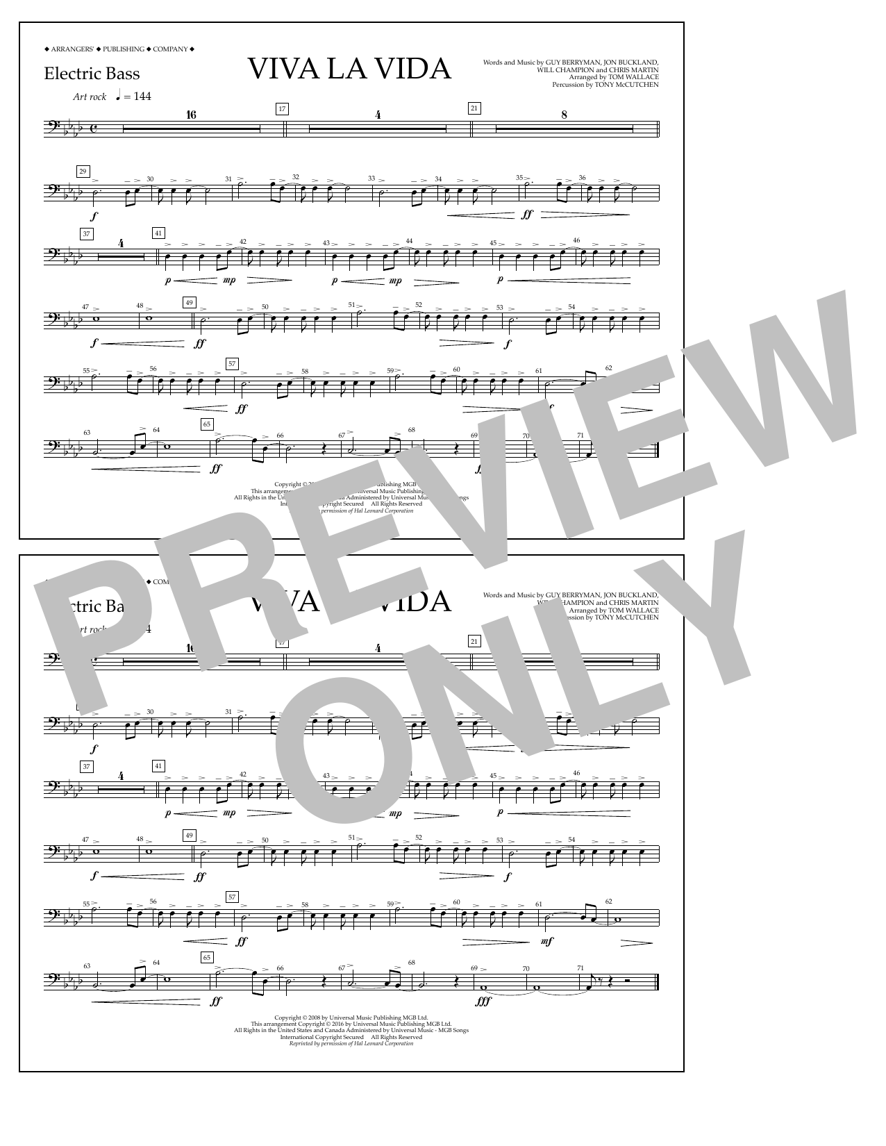 Tom Wallace Viva La Vida - Electric Bass sheet music notes and chords arranged for Marching Band