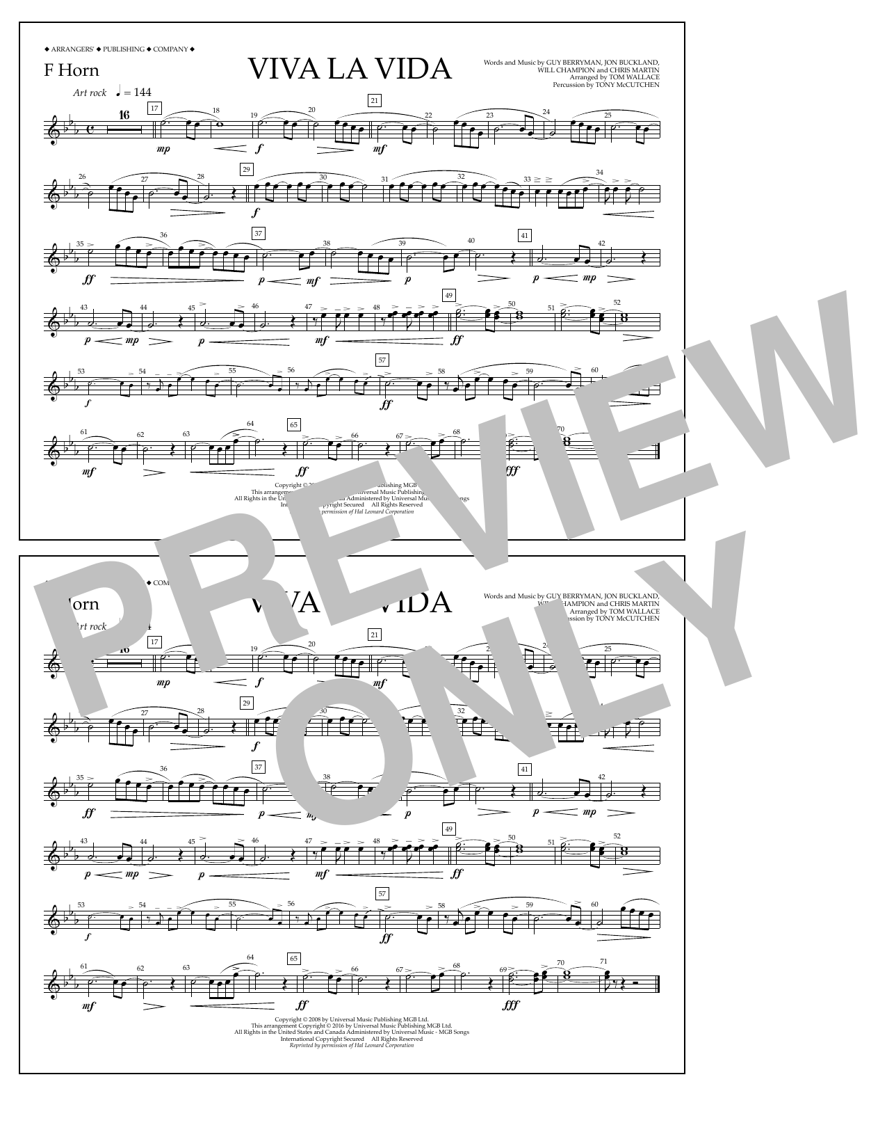 Tom Wallace Viva La Vida - F Horn sheet music notes and chords arranged for Marching Band