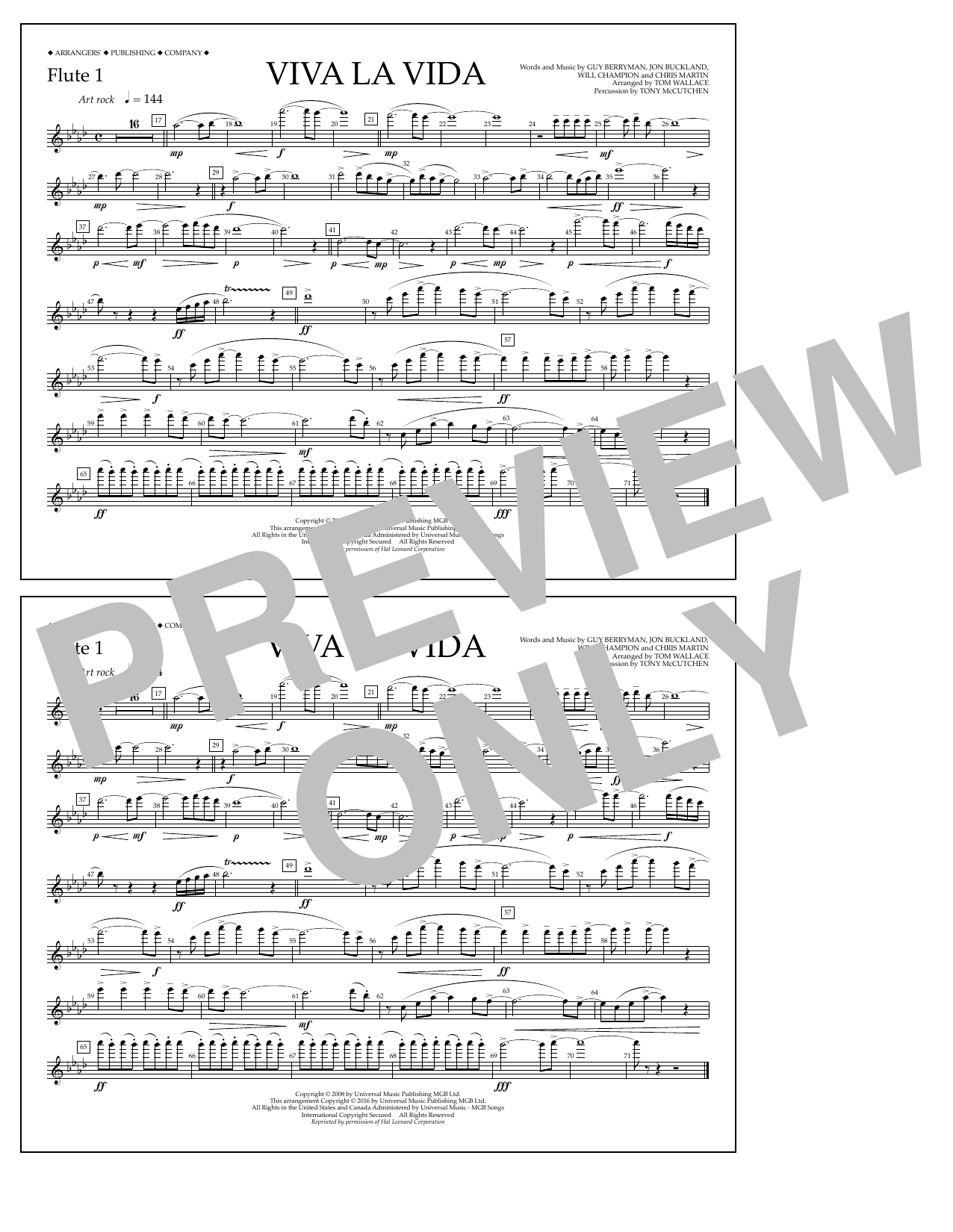 Tom Wallace Viva La Vida - Flute 1 sheet music notes and chords arranged for Marching Band