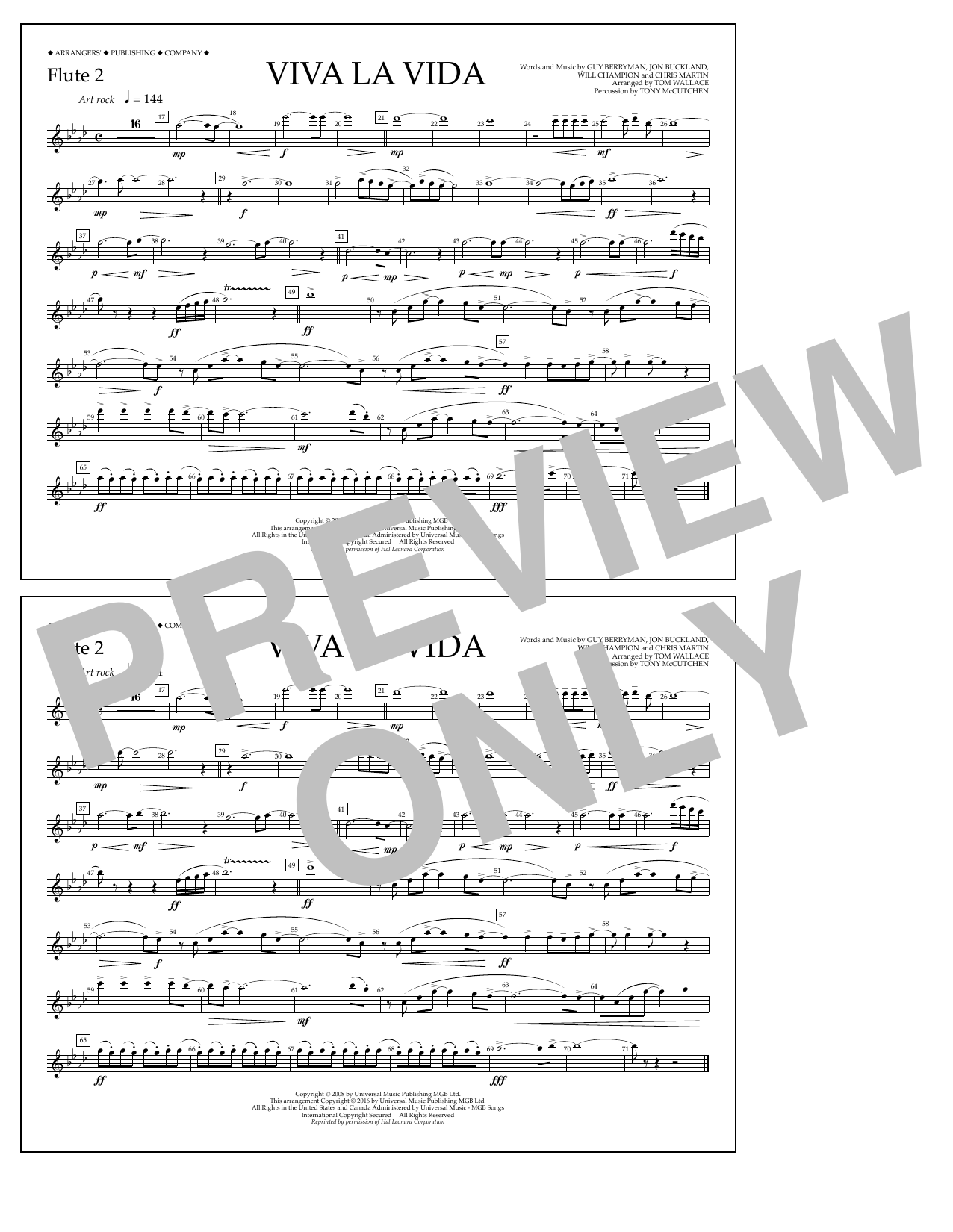 Tom Wallace Viva La Vida - Flute 2 sheet music notes and chords arranged for Marching Band