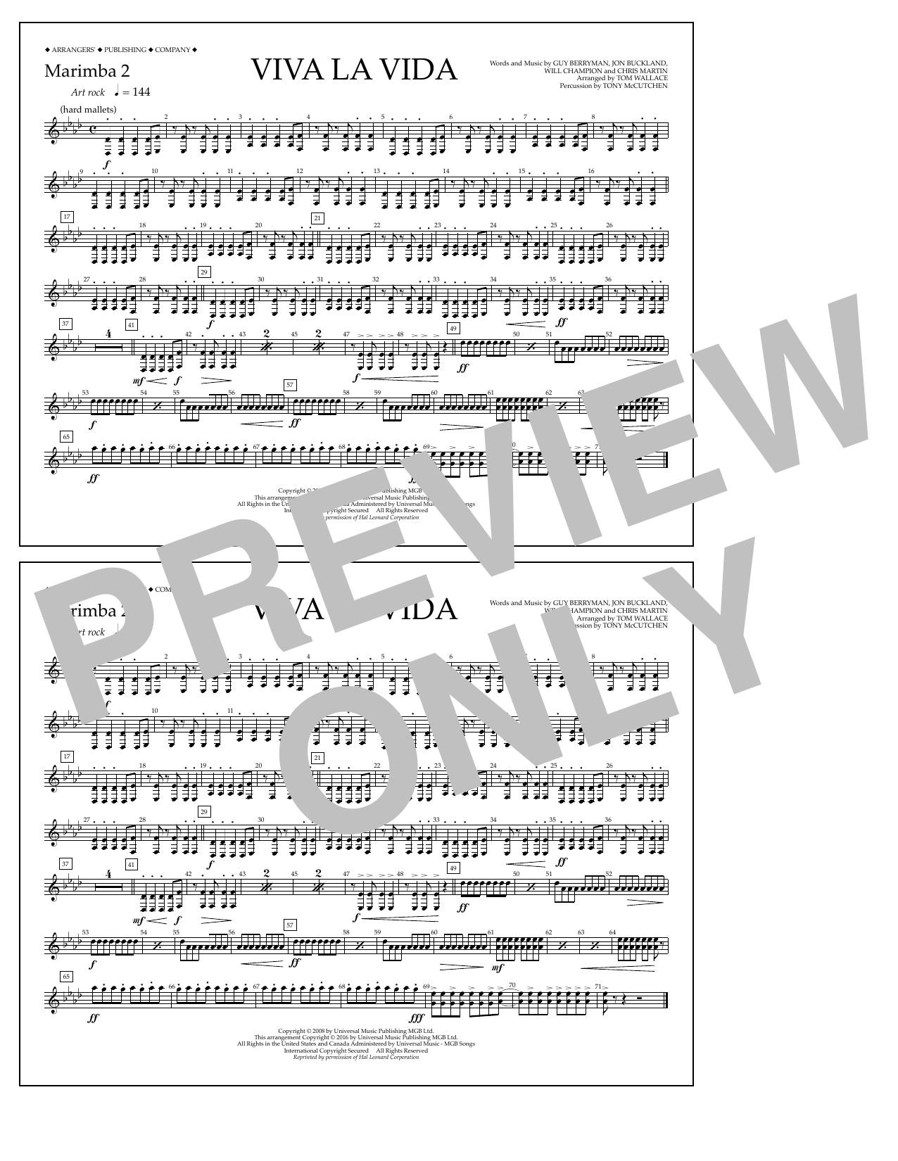 Tom Wallace Viva La Vida - Marimba 2 sheet music notes and chords arranged for Marching Band