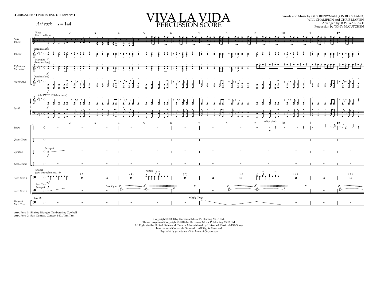 Tom Wallace Viva La Vida - Percussion Score sheet music notes and chords arranged for Marching Band