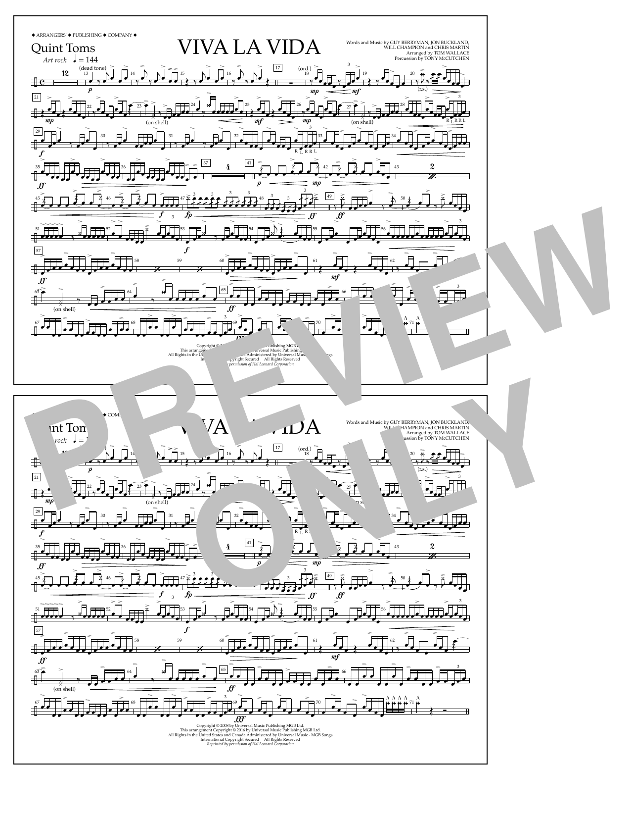Tom Wallace Viva La Vida - Quint-Toms sheet music notes and chords arranged for Marching Band