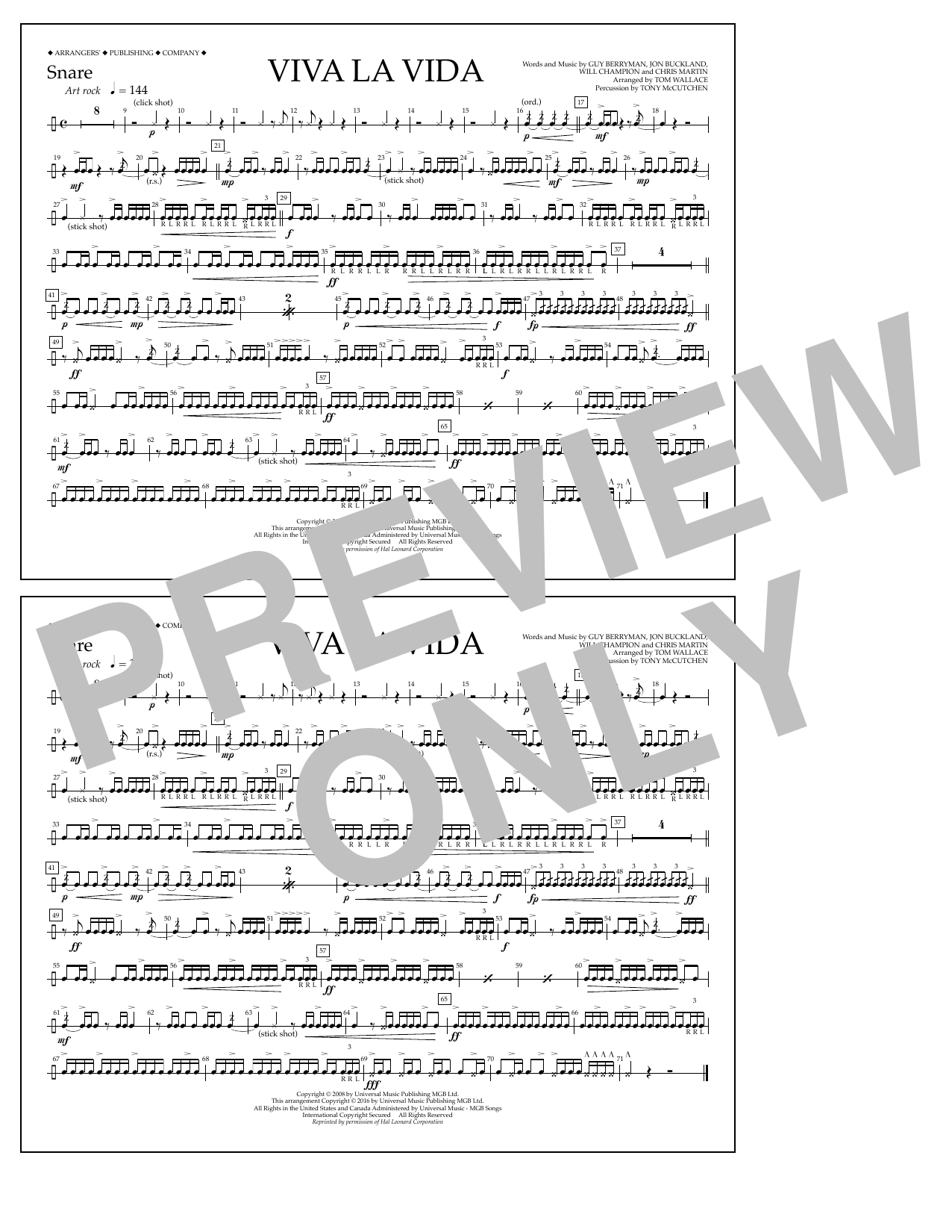 Tom Wallace Viva La Vida - Snare sheet music notes and chords arranged for Marching Band