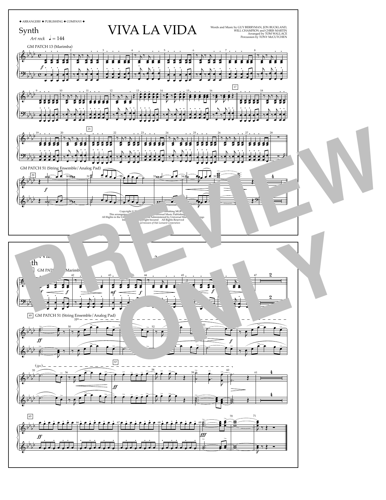 Tom Wallace Viva La Vida - Synthesizer sheet music notes and chords arranged for Marching Band