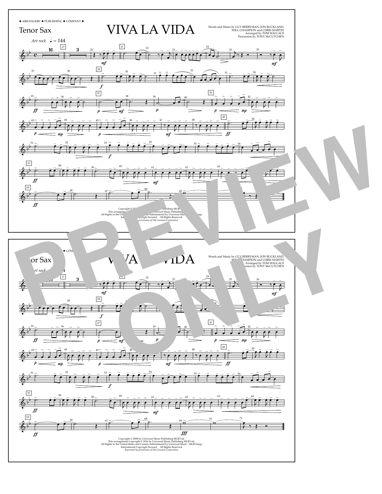 Tom Wallace Viva La Vida - Tenor Sax sheet music notes and chords arranged for Marching Band