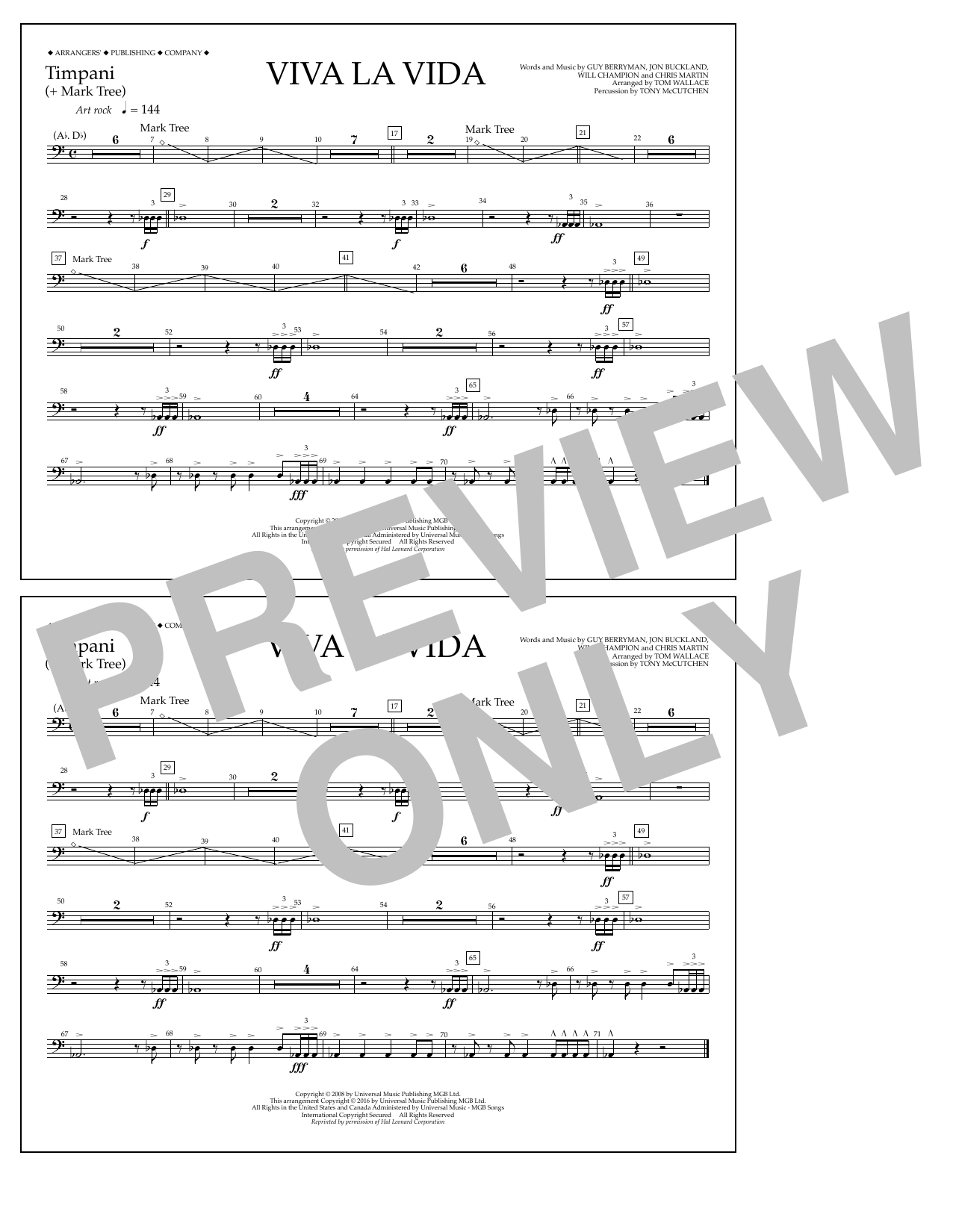 Tom Wallace Viva La Vida - Timpani sheet music notes and chords arranged for Marching Band