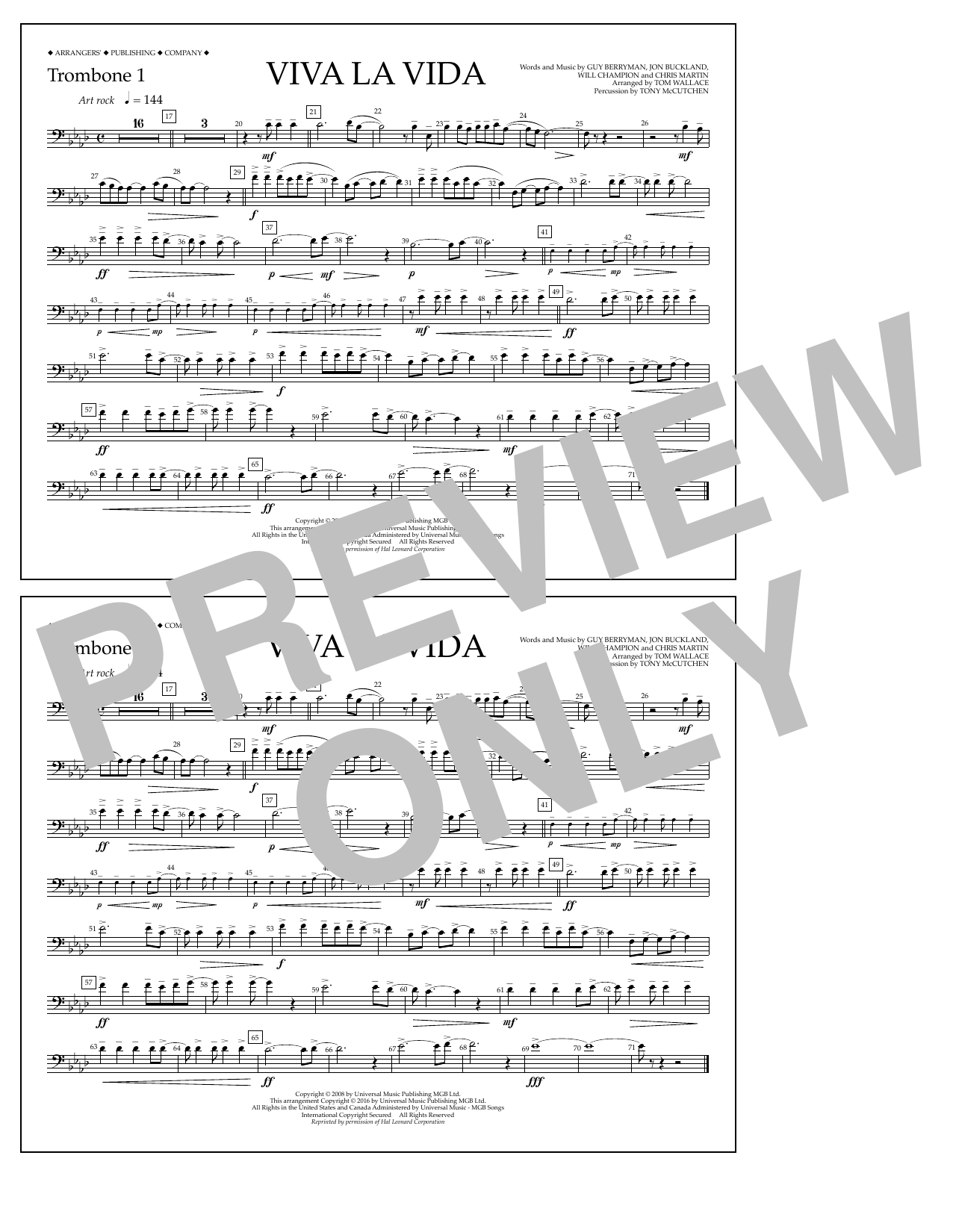 Tom Wallace Viva La Vida - Trombone 1 sheet music notes and chords arranged for Marching Band