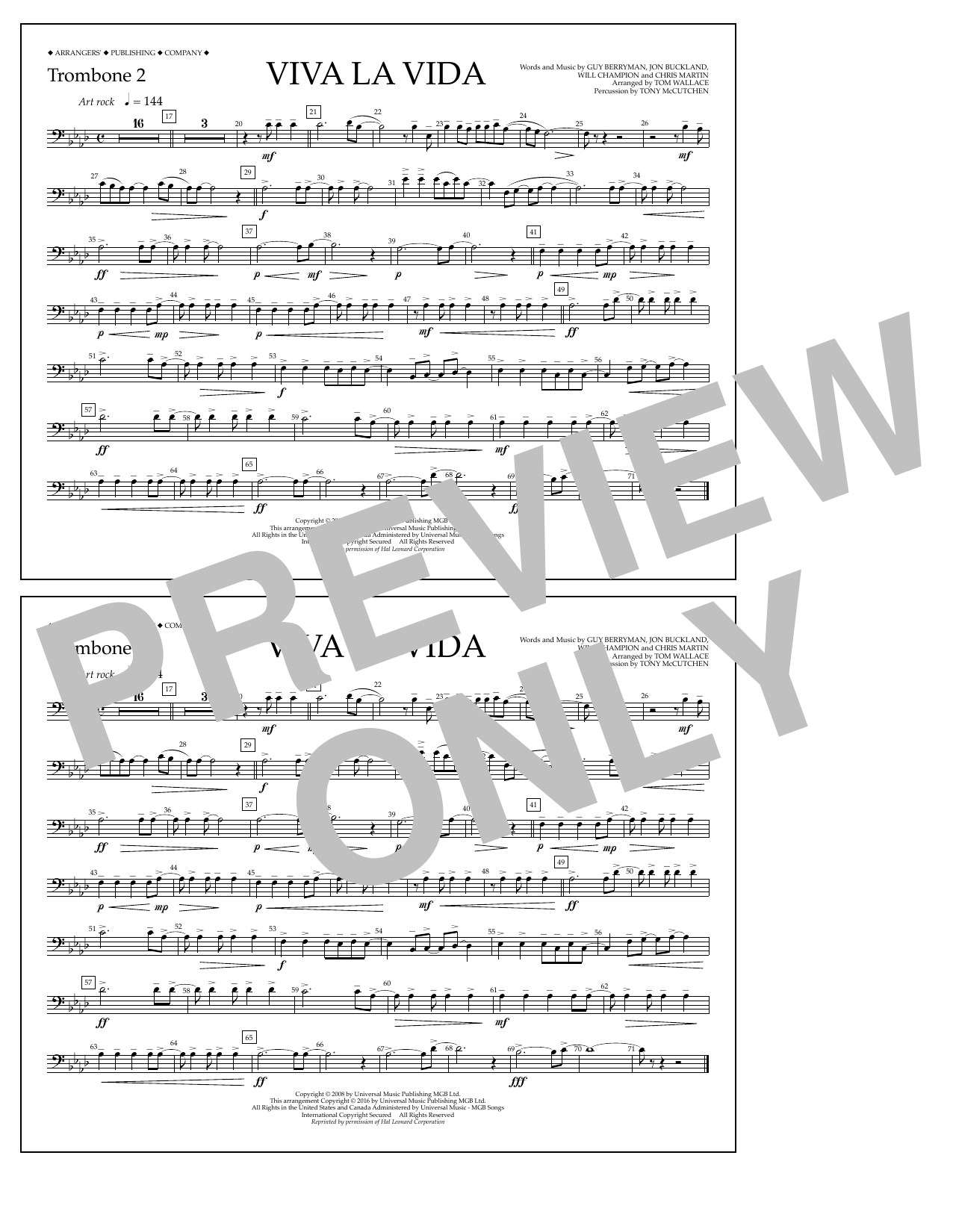 Tom Wallace Viva La Vida - Trombone 2 sheet music notes and chords arranged for Marching Band