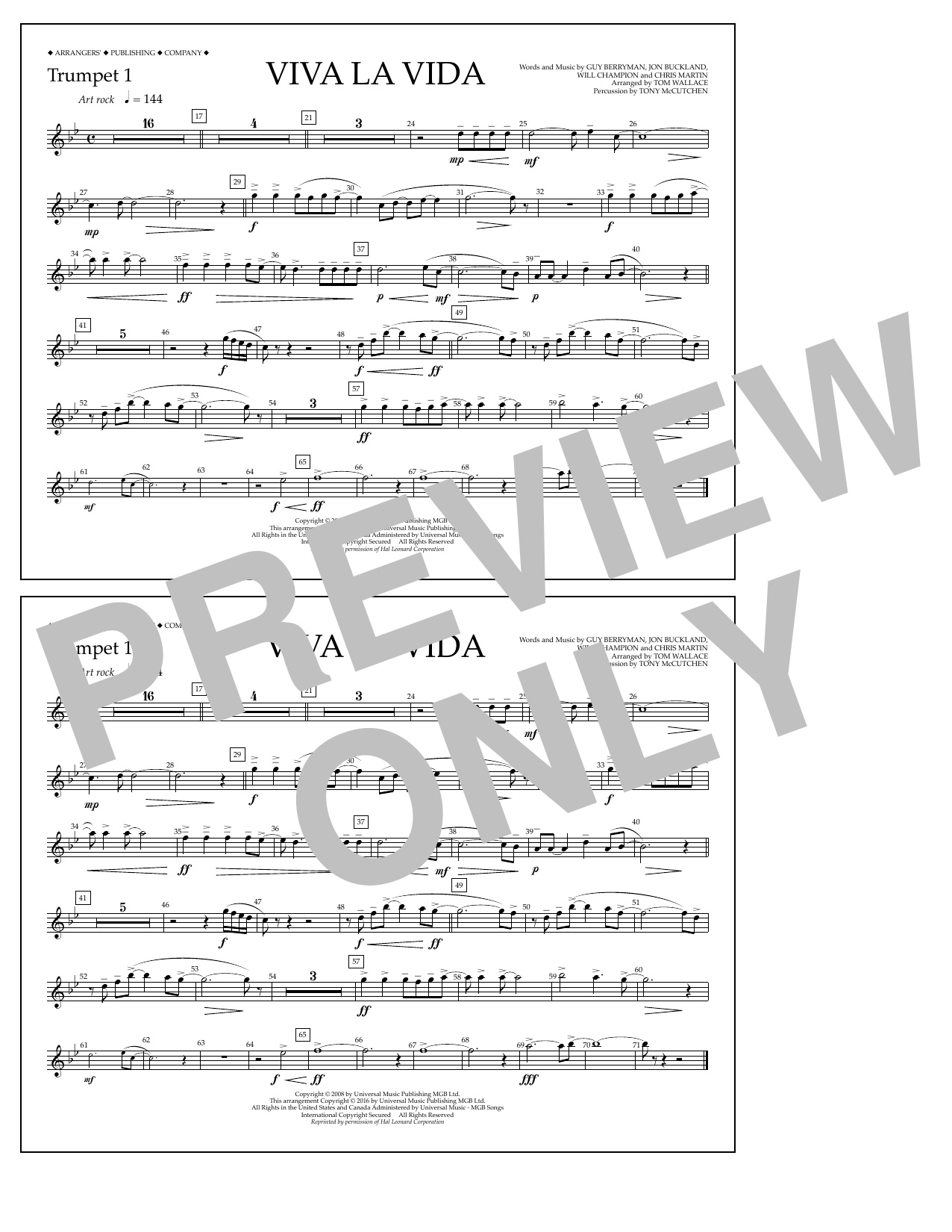 Tom Wallace Viva La Vida - Trumpet 1 sheet music notes and chords arranged for Marching Band