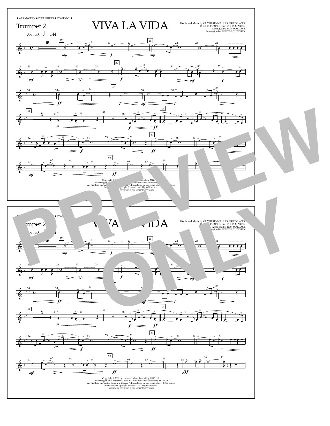 Tom Wallace Viva La Vida - Trumpet 2 sheet music notes and chords arranged for Marching Band