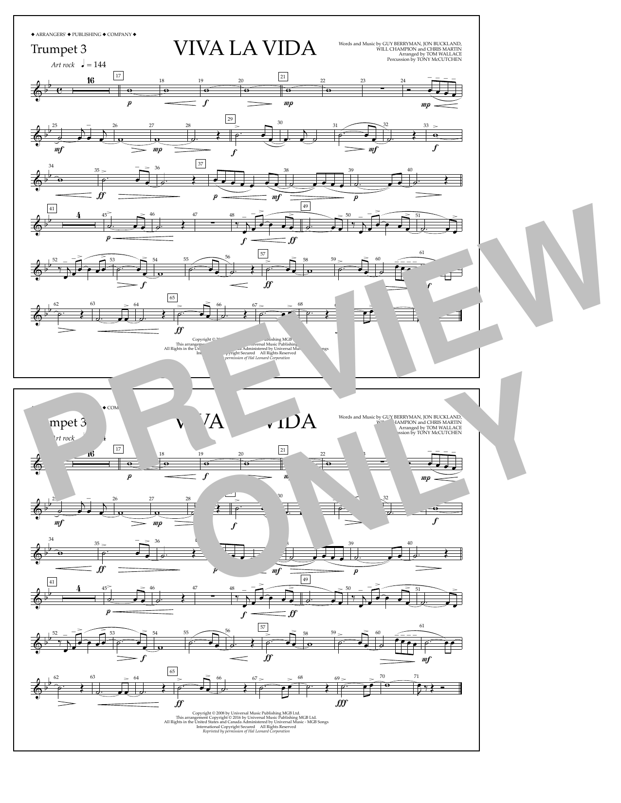 Tom Wallace Viva La Vida - Trumpet 3 sheet music notes and chords arranged for Marching Band