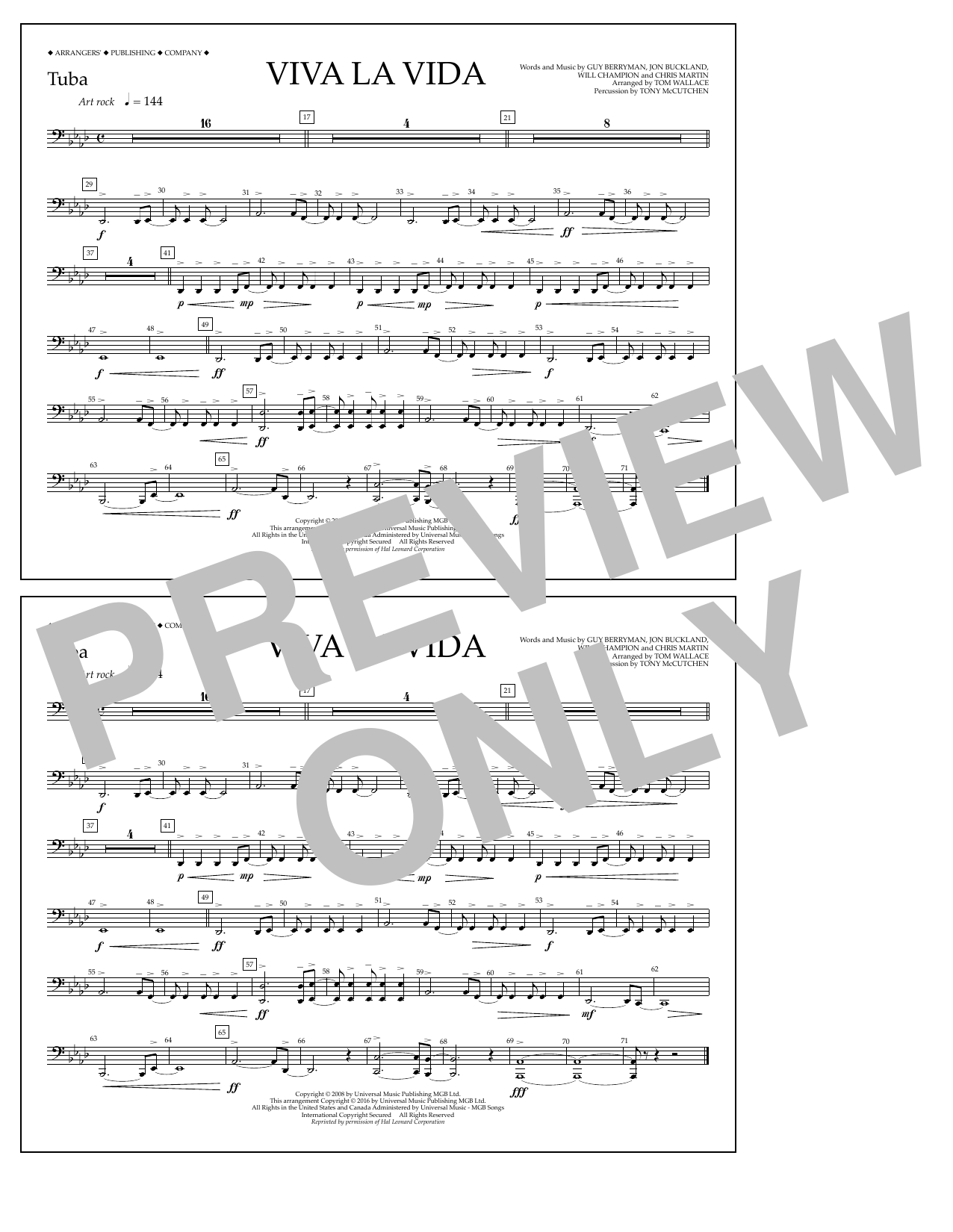 Tom Wallace Viva La Vida - Tuba sheet music notes and chords arranged for Marching Band