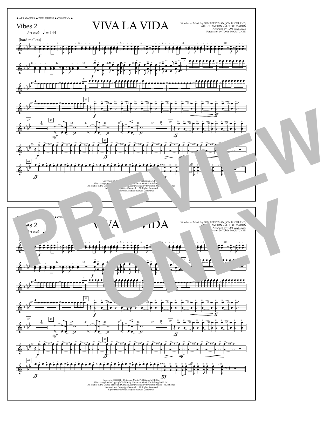 Tom Wallace Viva La Vida - Vibes 2 sheet music notes and chords arranged for Marching Band
