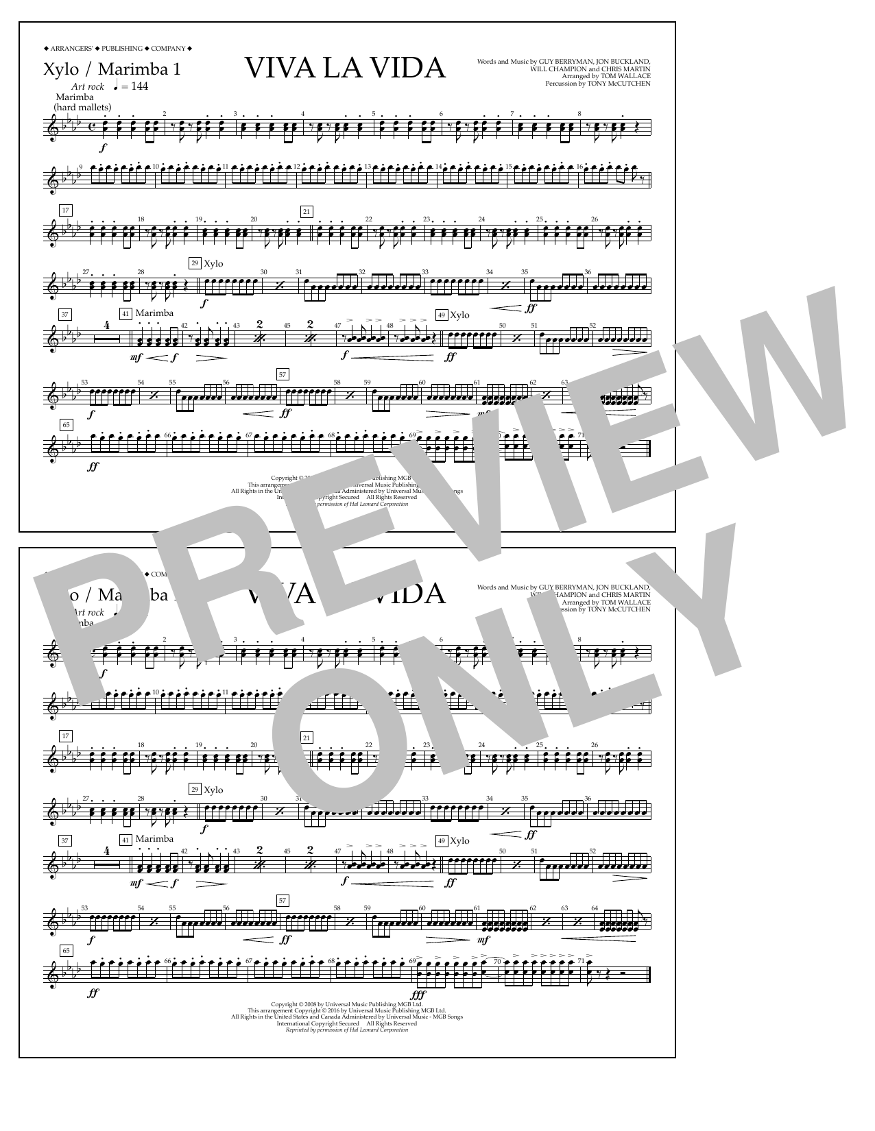 Tom Wallace Viva La Vida - Xylo./Marimba 1 sheet music notes and chords arranged for Marching Band
