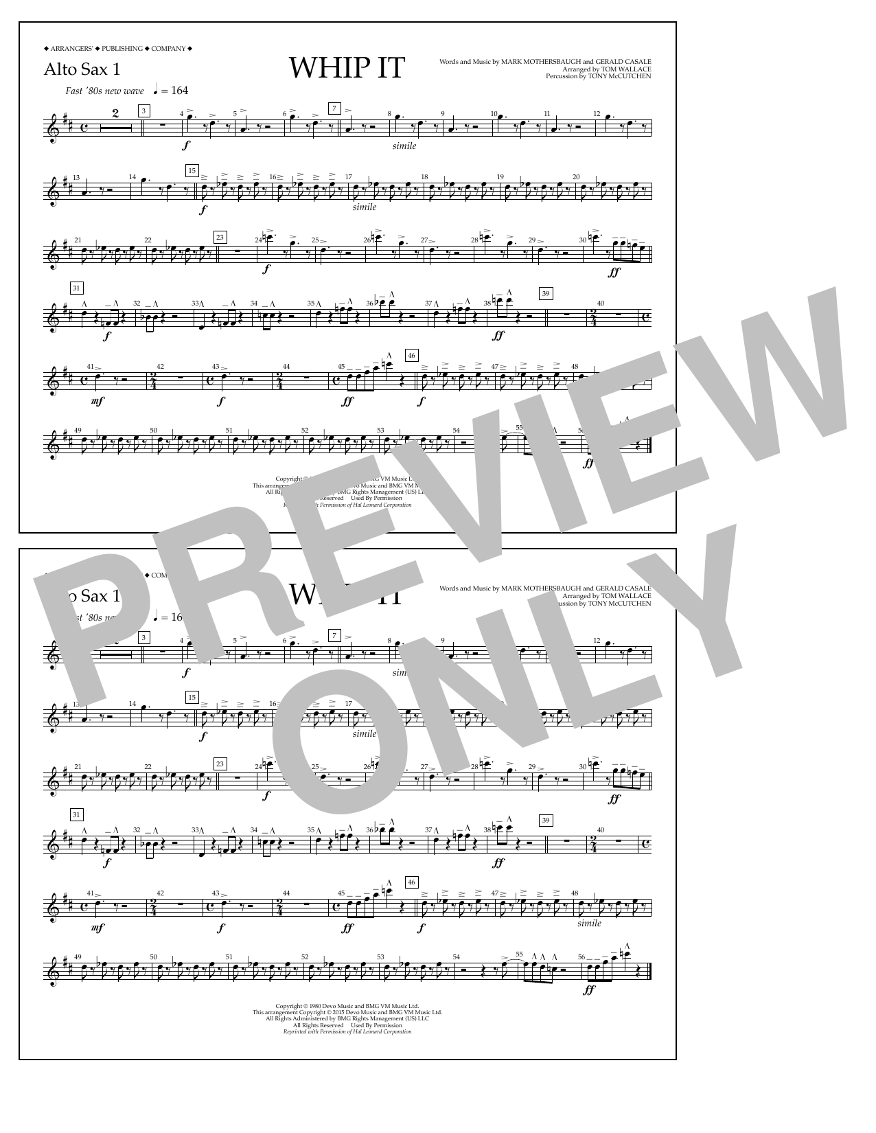Tom Wallace Whip It - Alto Sax 1 sheet music notes and chords arranged for Marching Band