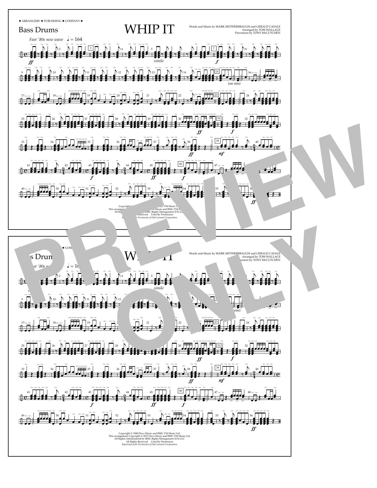 Tom Wallace Whip It - Bass Drums sheet music notes and chords arranged for Marching Band