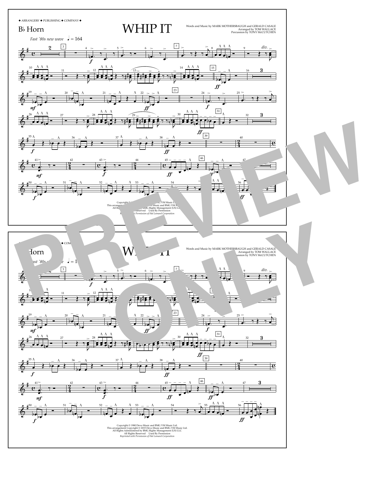 Tom Wallace Whip It - Bb Horn sheet music notes and chords arranged for Marching Band