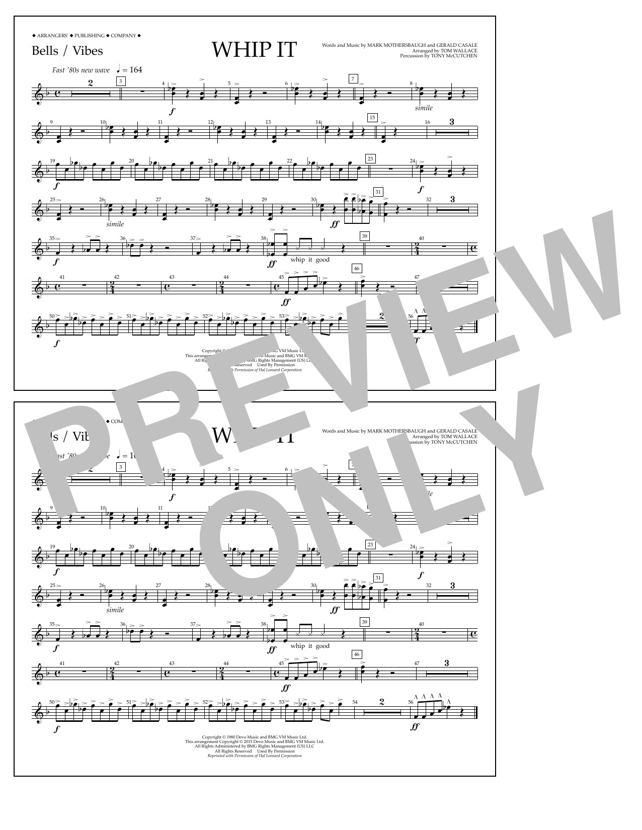 Tom Wallace Whip It - Bells/Vibes sheet music notes and chords arranged for Marching Band