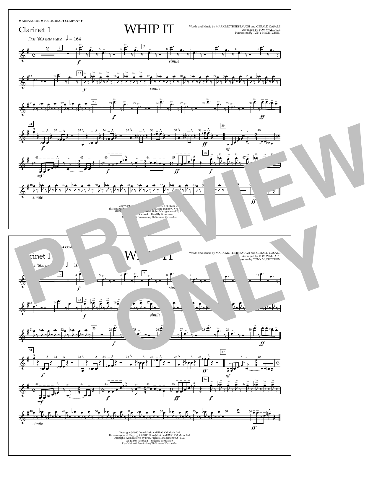 Tom Wallace Whip It - Clarinet 1 sheet music notes and chords arranged for Marching Band