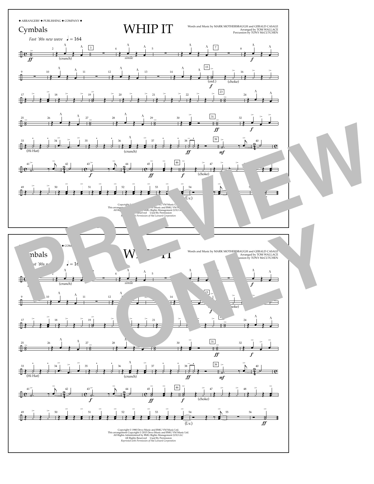 Tom Wallace Whip It - Cymbals sheet music notes and chords arranged for Marching Band