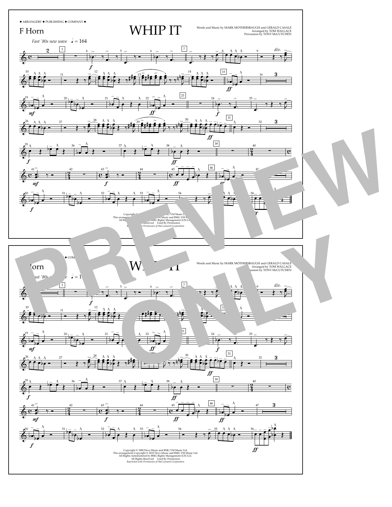 Tom Wallace Whip It - F Horn sheet music notes and chords arranged for Marching Band