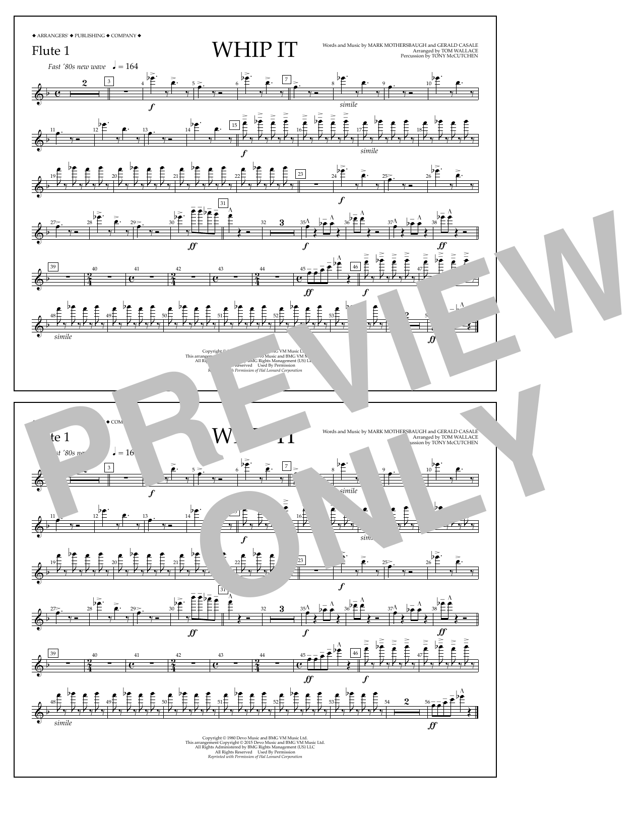Tom Wallace Whip It - Flute 1 sheet music notes and chords arranged for Marching Band